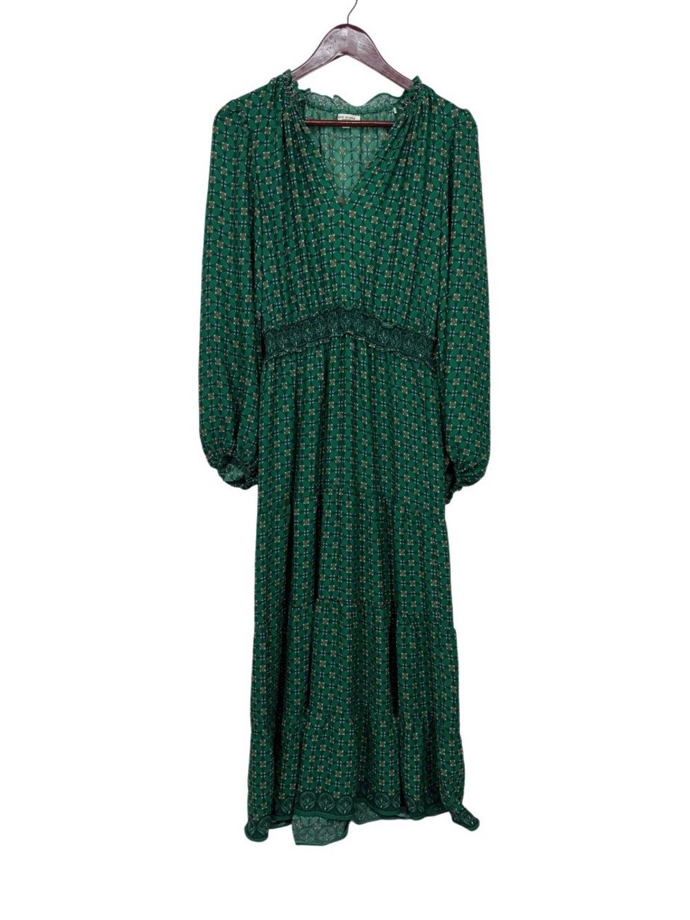 Max Studio London Emerald Green Geometric Flower Print Long Sleeve Maxi Dress